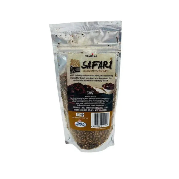Crown National Safari Biltong Spice 200g bag with seasoning blend for authentic South African biltong and meats