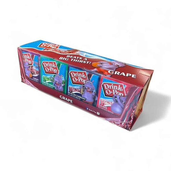 Drink-O-Pop Grape 5g sachets pack of 72 with vibrant packaging.