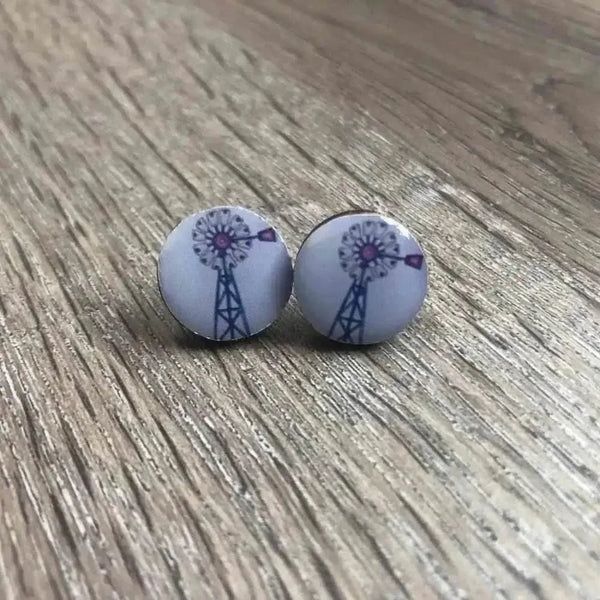 Grey and pink windmill design 15mm diameter earrings pair