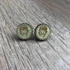 Mint green circle earrings with laser engraved protea design, 15mm diameter, sold in pairs