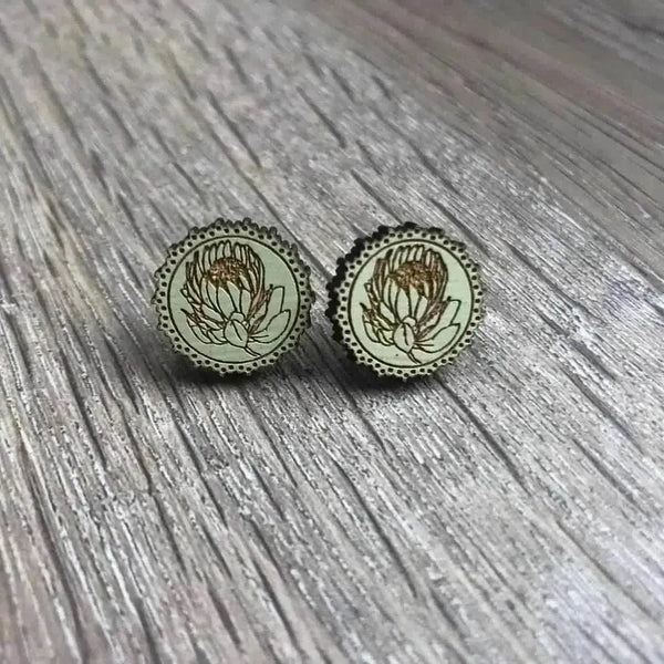 Mint green circle earrings with laser engraved protea design, 15mm diameter, sold in pairs