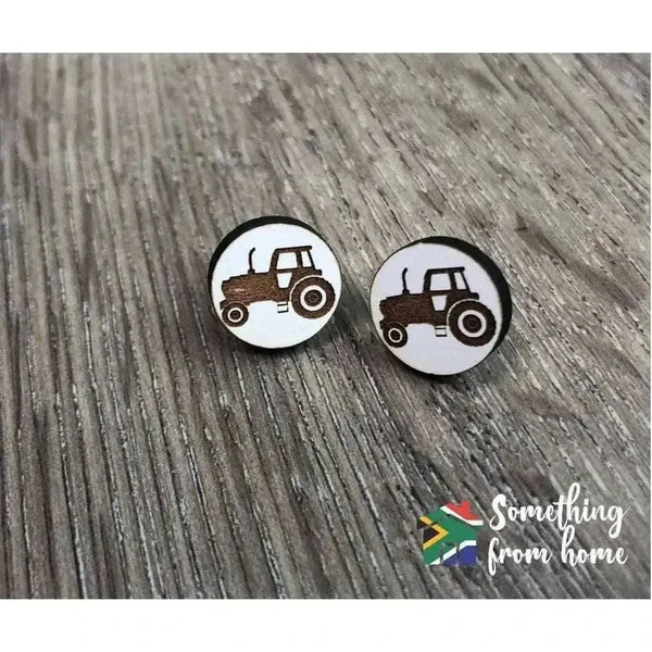 Earrings white circle with laser engraved tractor 15mm pair