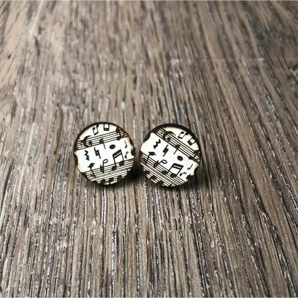 White earrings with music notes, 15mm diameter, sold in pairs