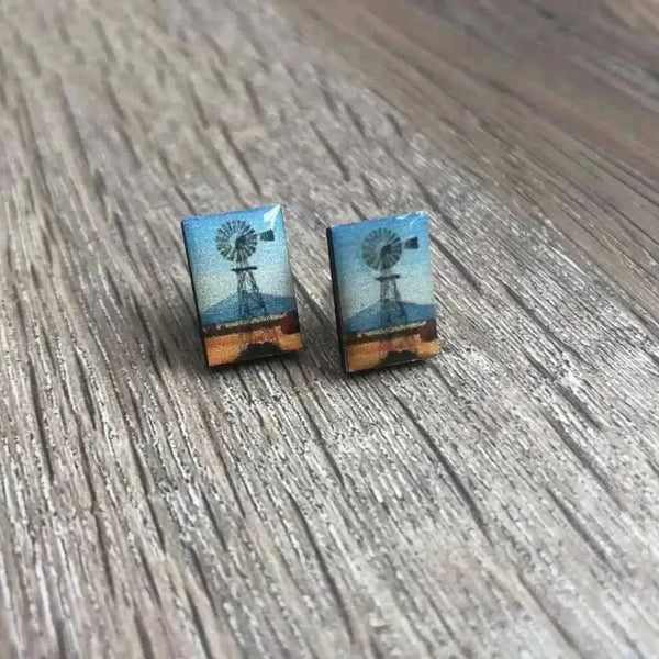 Earrings windmill design in blue and orange sold in pairs 15mm by 5mm