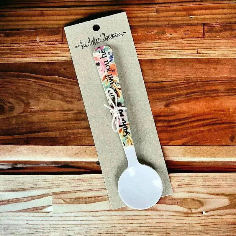 Enamel printed sugar spoon with wooden handle and Suikerbos Ek Wil Jou He design