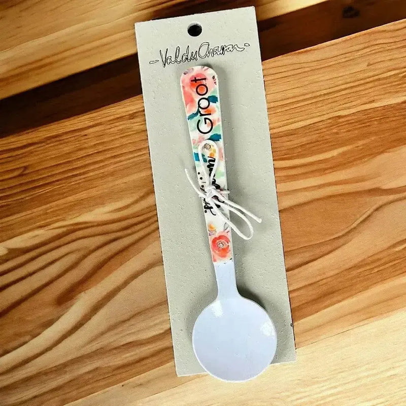 Enamel printed sugar spoon with wooden painted handle Droom Groot