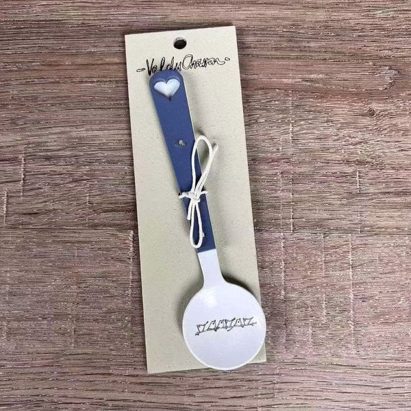 Enamel sugar spoon with wooden handle and laser engraved Birds on a Wire design