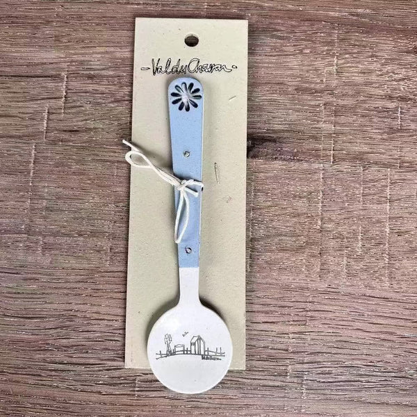 Enamel sugar spoon with wooden handle and farmhouse flower design engraving