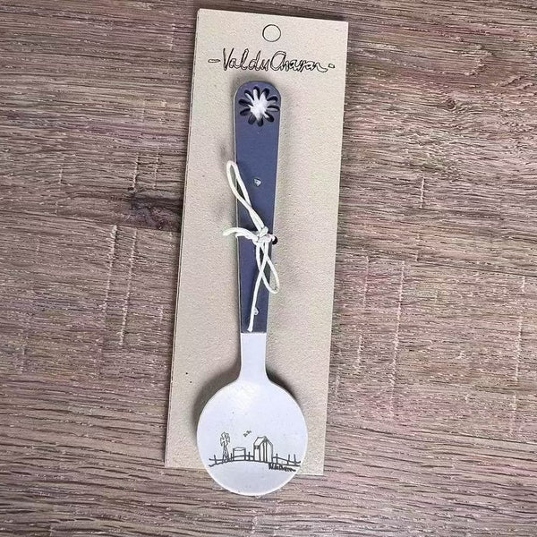Enamel sugar spoon with wooden handle and farmhouse flower engraving