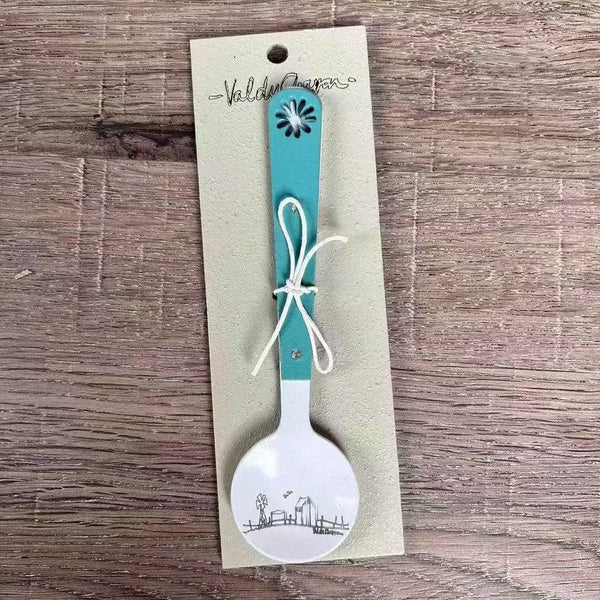 Enamel sugar spoon with wooden handle and farmhouse flower engraving
