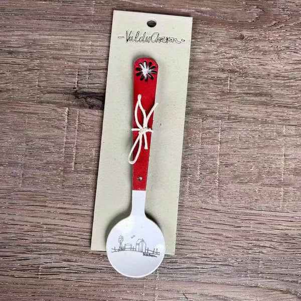 Enamel sugar spoon with wooden handle and farmhouse flower engraving