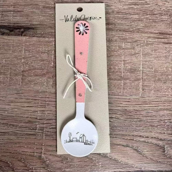 Enamel sugar spoon with wooden handle and farmhouse flower engraving