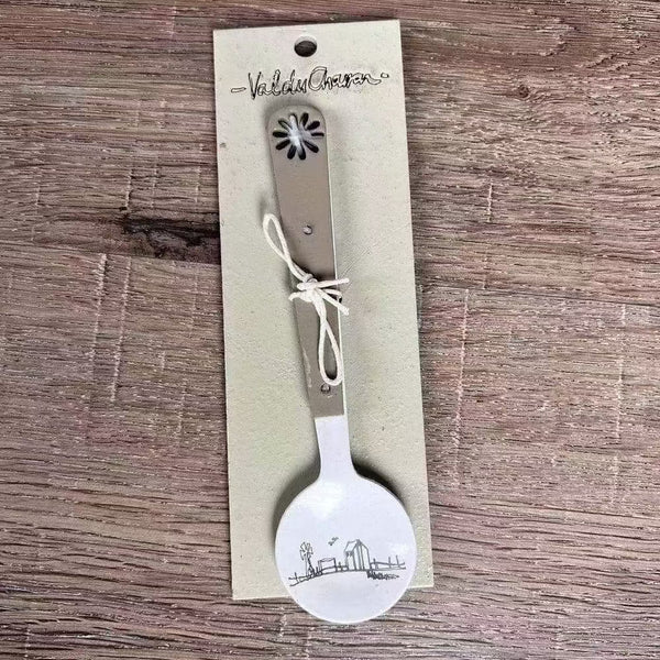 Enamel sugar spoon with wooden handle and farmhouse flower engraving