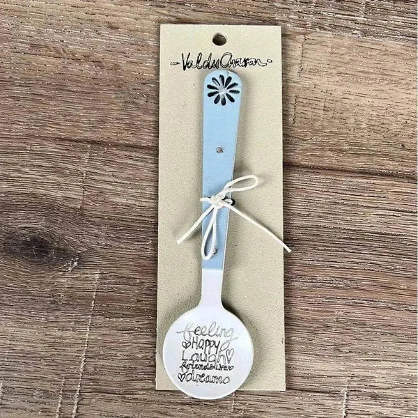 Enamel sugar spoon with wooden handle and laser engraved Feeling Happy flower design