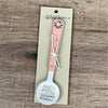 Enamel sugar spoon with wooden handle and laser engraved Feeling Happy flower design