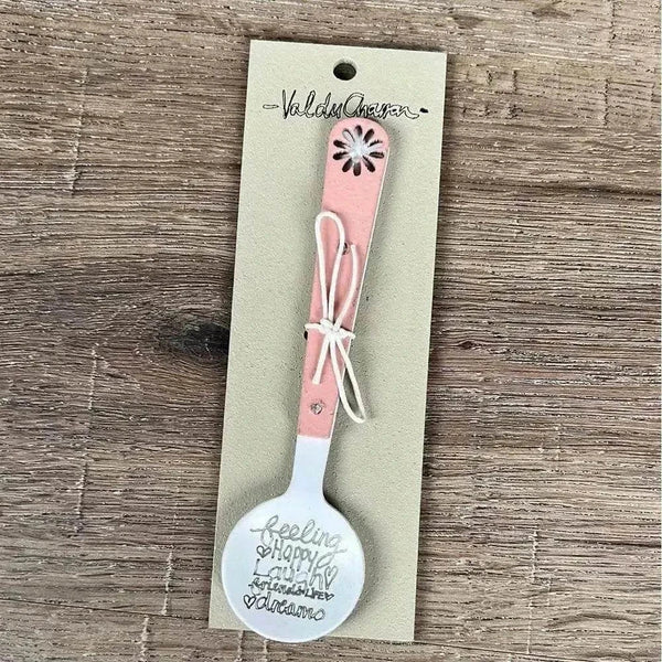 Enamel sugar spoon with wooden handle and laser engraved Feeling Happy flower design