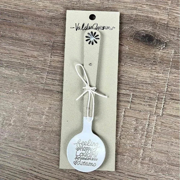 Enamel sugar spoon with wooden handle and laser engraved Feeling Happy flower design