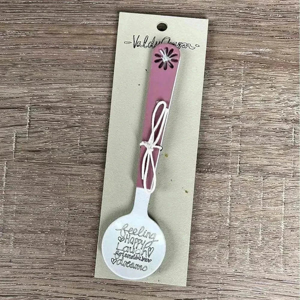 Enamel sugar spoon with wooden handle and laser engraved Feeling Happy flower design
