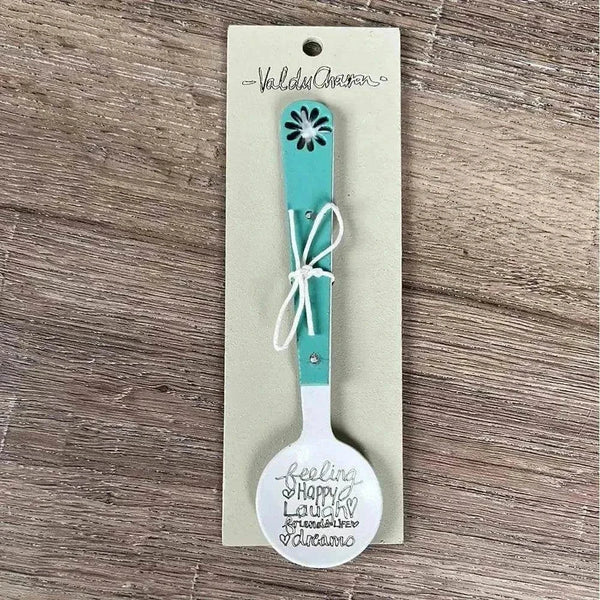 Enamel sugar spoon with wooden handle and laser engraved Feeling Happy flower design