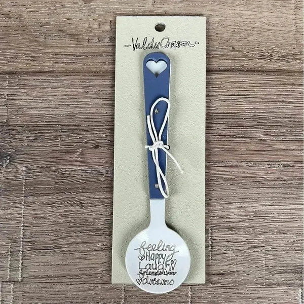 Enamel sugar spoon with wooden handle and laser engraved Feeling Happy heart design