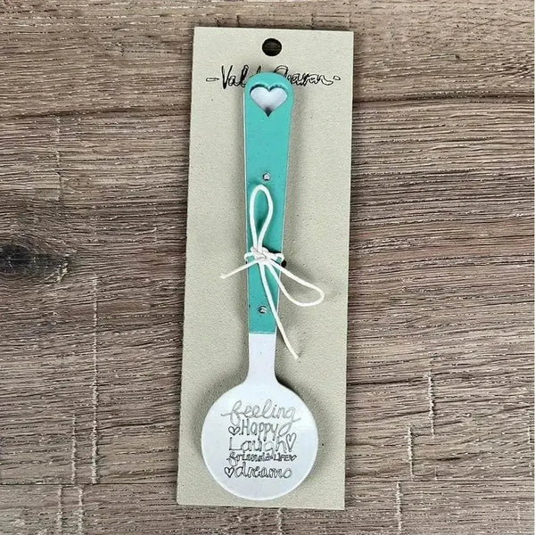 Enamel sugar spoon with wooden handle and laser engraved Feeling Happy heart design