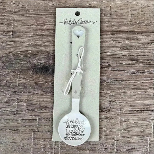Enamel sugar spoon with wooden handle and Feeling Happy heart engraving