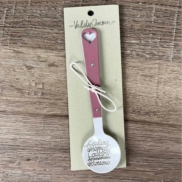 Enamel sugar spoon with wooden handle and laser engraved Feeling Happy heart design
