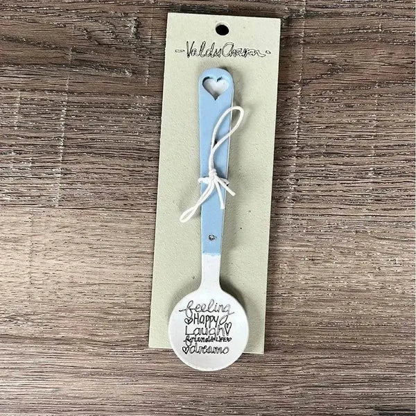 Enamel sugar spoon with wooden handle and Feeling Happy heart engraving