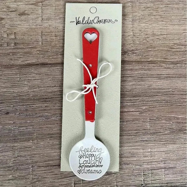 Enamel sugar spoon with wooden handle and laser engraved Feeling Happy heart design