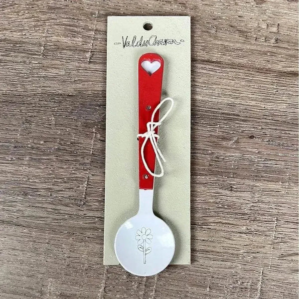 Enamel sugar spoon with wooden handle and laser engraved flower design
