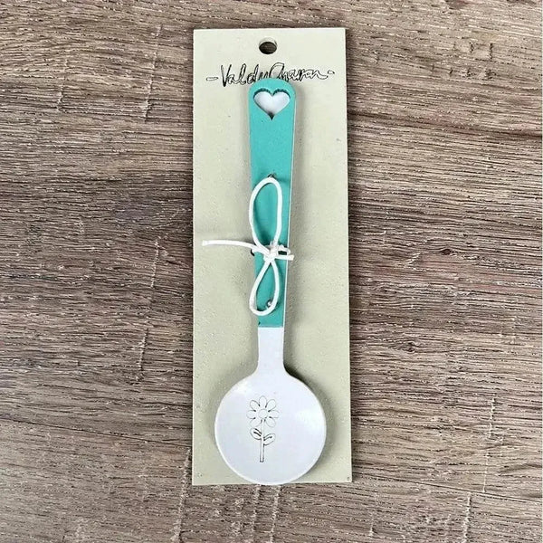 Enamel sugar spoon with wooden handle and laser engraved flower design