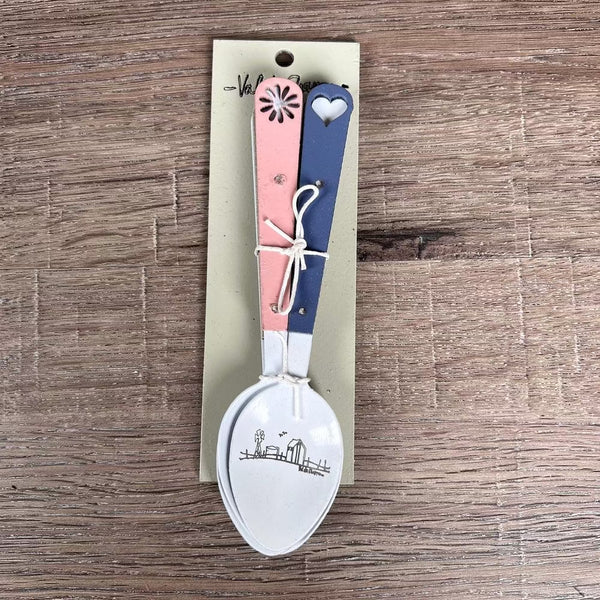 Enamel teaspoon set with wooden handles and farmhouse design engraving