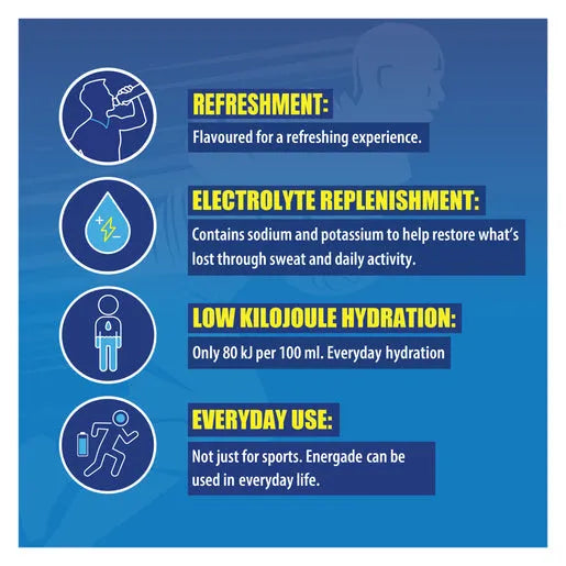 Energade Sports Drink Concentrate Blueberry 750ml with electrolytes for hydration and low kilojoule refreshment