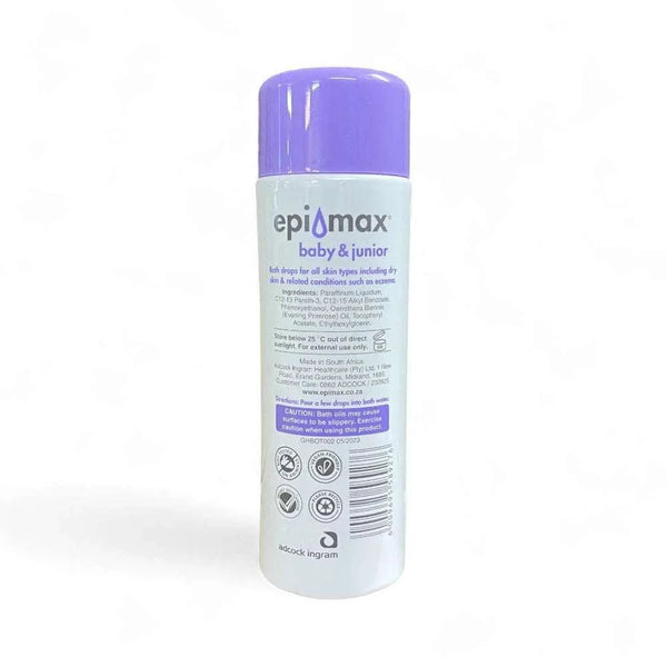 Epimax Baby & Junior Bathe Drops Moisturising - 250ml bottle with purple cap, hypoallergenic formula for sensitive skin.