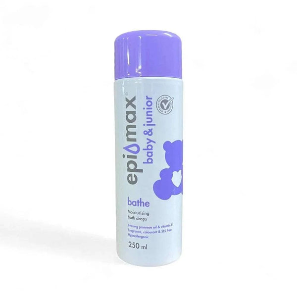 Epimax Baby & Junior Bathe Drops Moisturising 250ml bottle with purple cap.