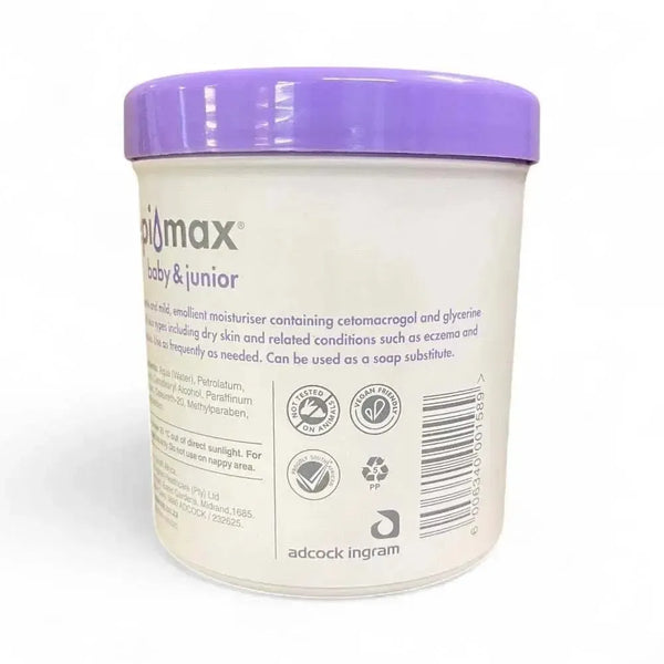 Epimax Baby & Junior Body Cream Tub 400g with purple lid, nourishing and soothing for sensitive skin.