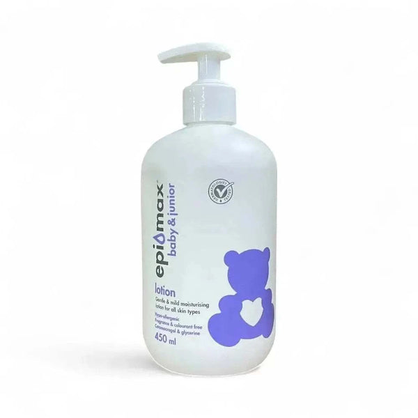 Epimax Baby & Junior Body Lotion Pump 450ml bottle, gentle moisturizer for babies and children, eczema and psoriasis care, dermatologist-approved, hypoallergenic.