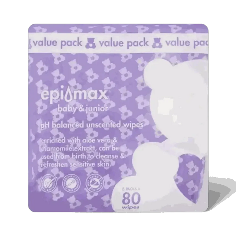 Epimax Baby Wipes 80's value pack with pH balanced, unscented, aloe vera & chamomile for sensitive skin.