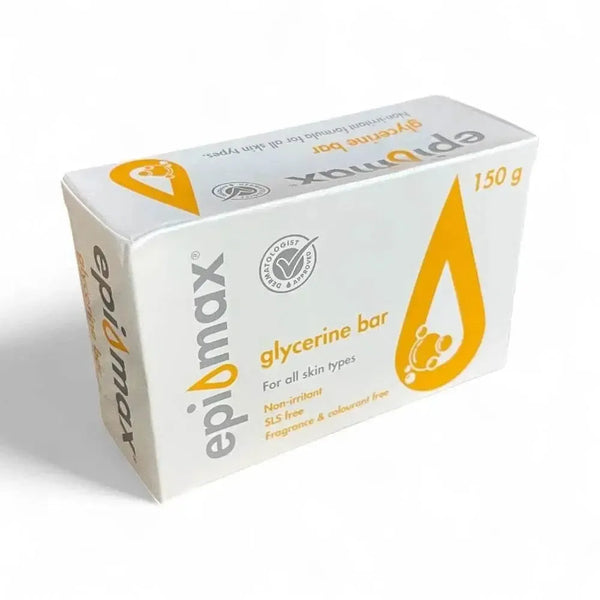 Epimax Hypoallergenic Glycerine Soap Bar 150g packaging, suitable for sensitive skin, fragrance-free.