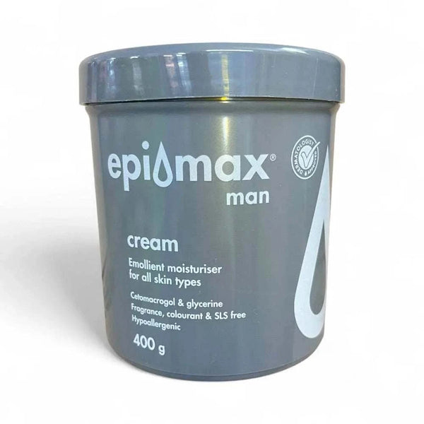Epimax Man Body Cream 400g tub, fragrance-free moisturizer for dry, sensitive skin.
