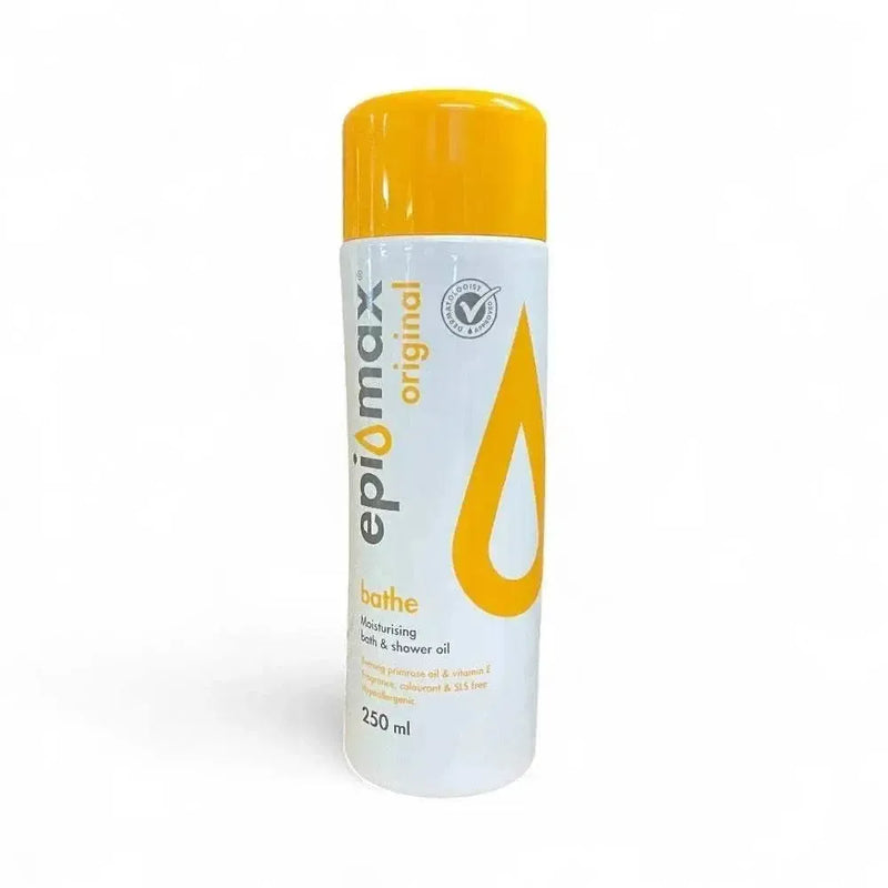 Epimax Original Bath & Shower Oil 250ml bottle with orange cap, ideal for sensitive and dry skin.