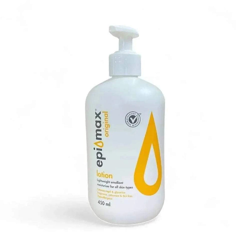 Epimax Original Body Lotion Pump 450ml, lightweight, emollient-rich, suitable for sensitive skin, eczema, psoriasis, daily hydration.