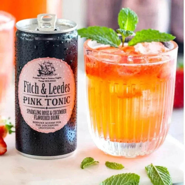 Fitch & Leedes Pink Tonic 200ml bottle with pink floral and cucumber flavor label