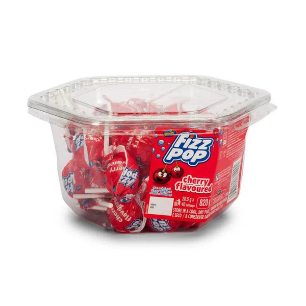 Tub of Fizz Pops suckers cherry flavored lollipops with sherbet center