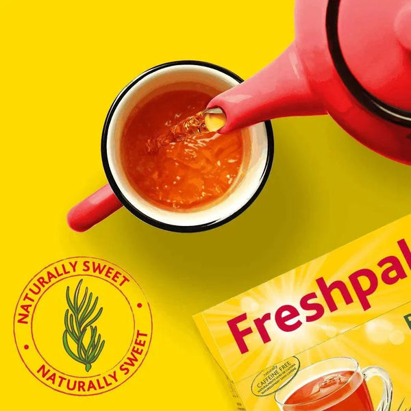 Freshpak Rooibos Tea 80's package with red teapot pouring rooibos tea into cup on yellow background