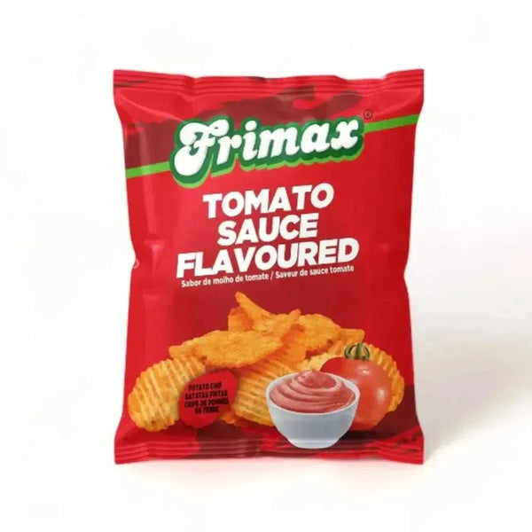 Frimax Potato Chips Tomato Sauce 125g bag with crispy chips coated in tomato sauce, perfect savory snack