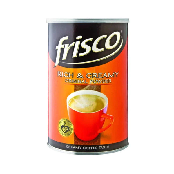 Frisco Instant Coffee 750g tin with rich and creamy blend of coffee and chicory, smooth and quick dissolving powder