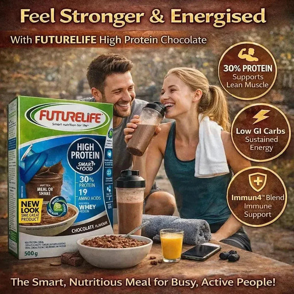Futurelife Cereal High Protein Chocolate 500g box with nutritional info and benefits