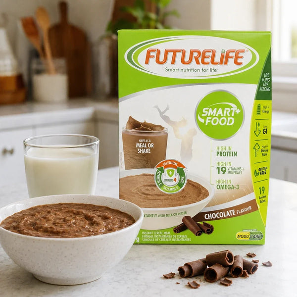 Futurelife Smart Food Chocolate 500g with cereal bowl and milk