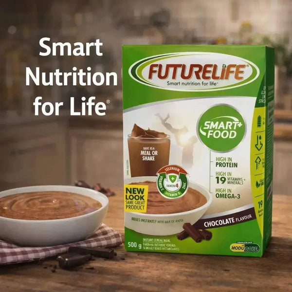Futurelife Cereal Chocolate 500g pack highlighting nutritious, low GI, gluten-free meal with vitamins and amino acids